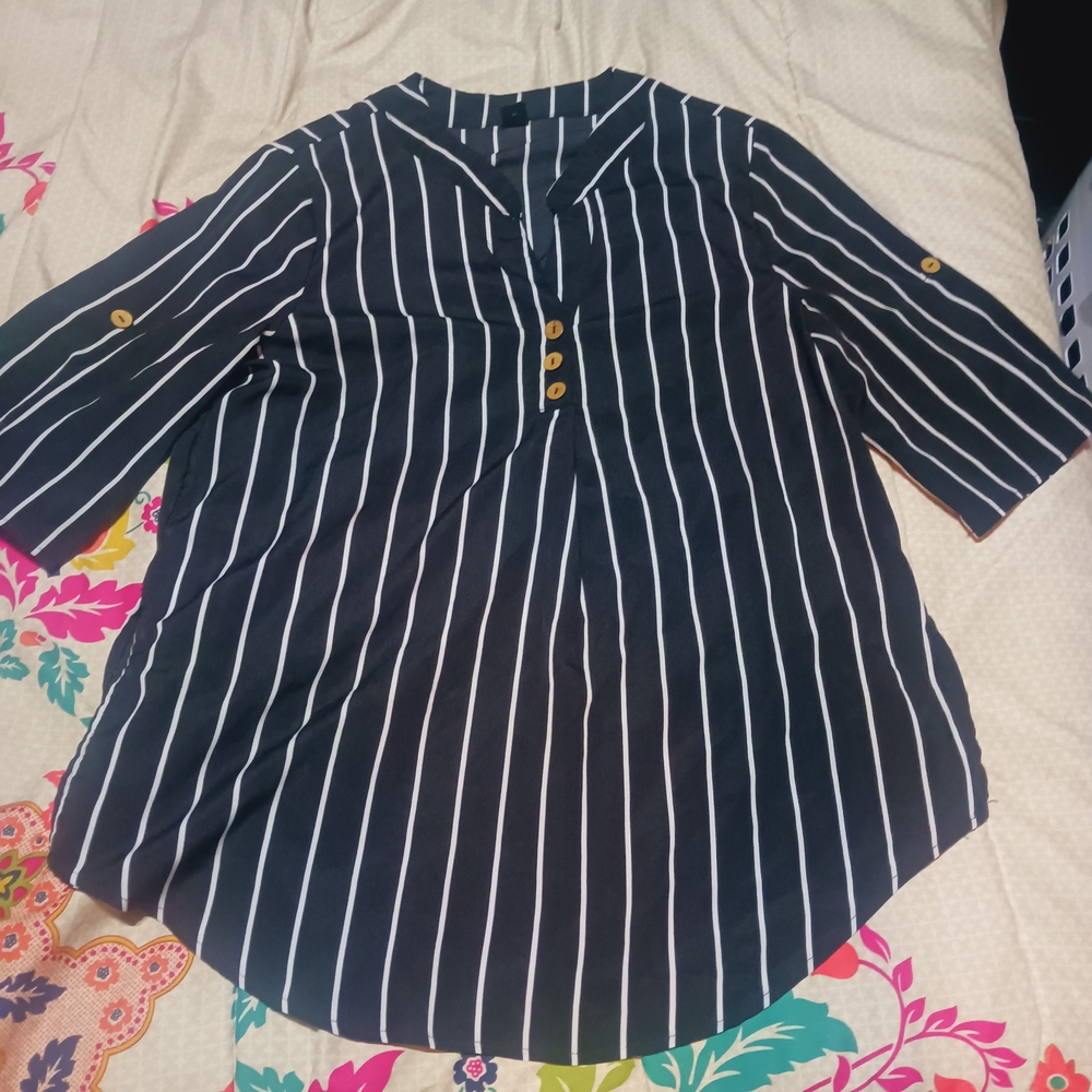 Navy and White Striped Women's Button Down Shirt